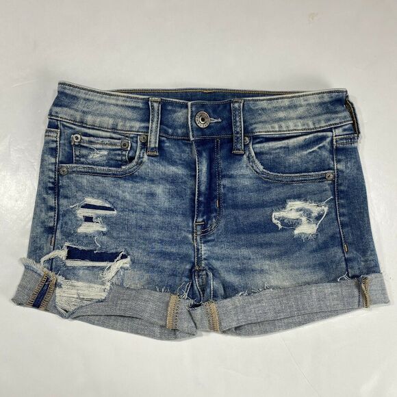 American Eagle Midi Shorts Next Level Stretch Denim Blue Jean Distressed Fray - Picture 1 of 10